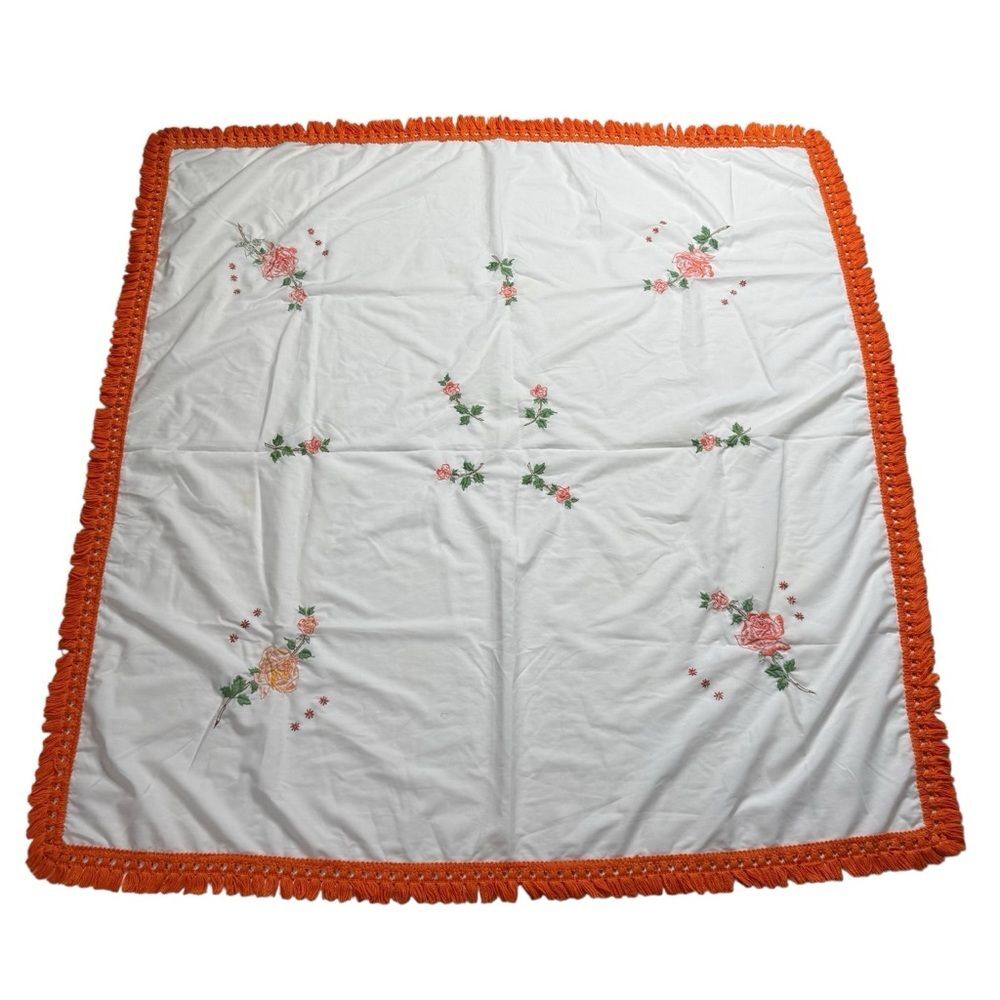 Vintage Hand Embroidered Floral Tablecloth Orange Fringe